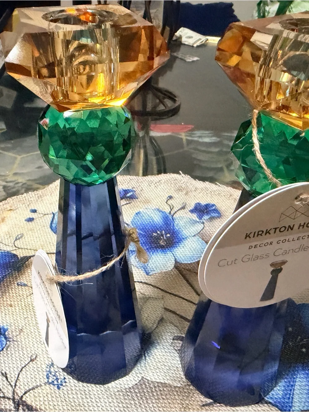 Blue Glass Candlestick Pair with Green and Amber Accents